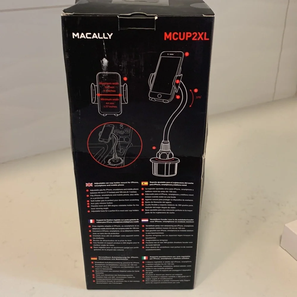Macally cup holder phone mount for hands-free driving and phone use. 8”arm